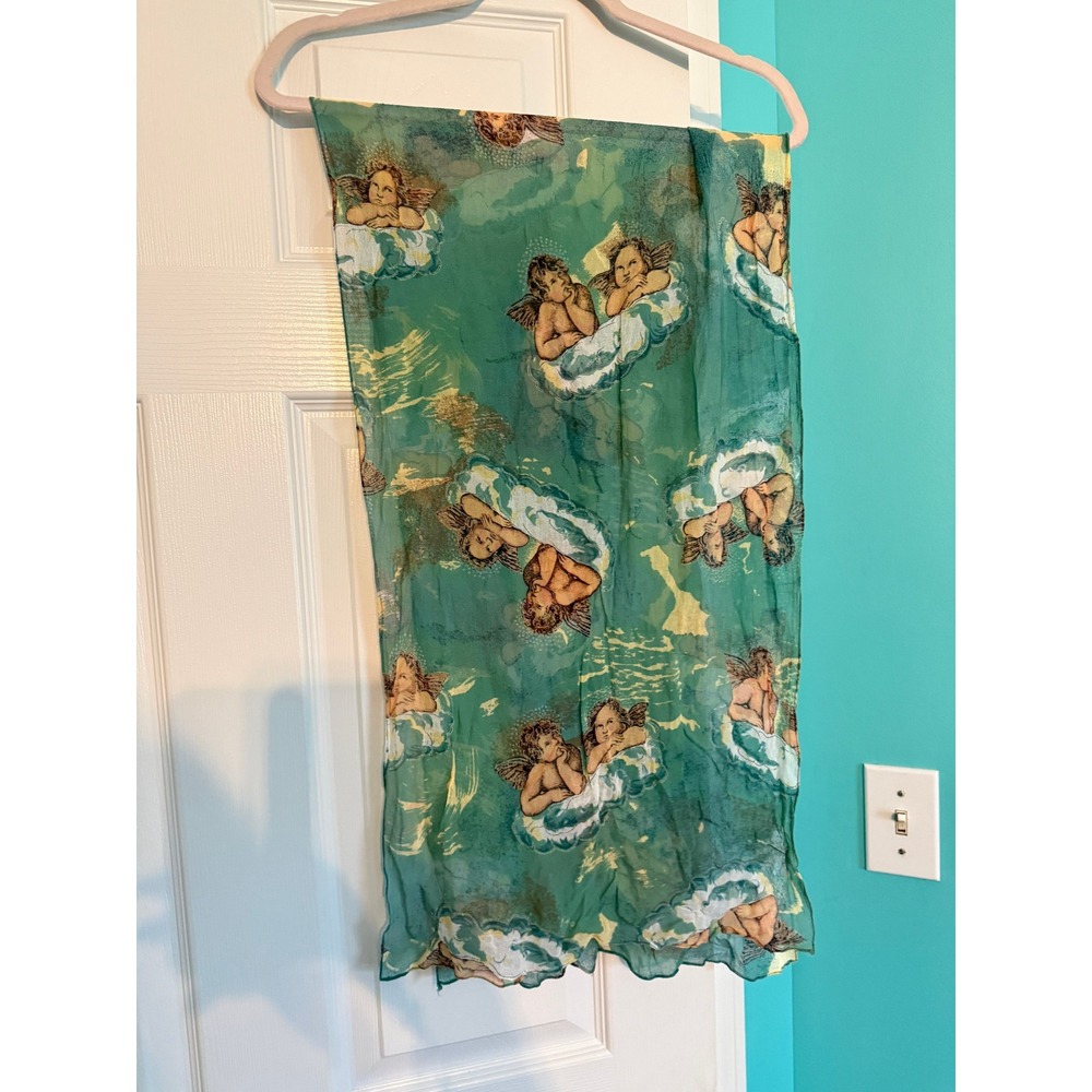 Vintage Style Sheer Green Cherub Angel Print Scarf Lettuce Edge Mesh Wrap